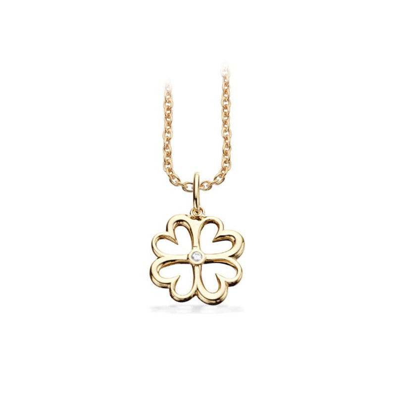 Guld Vedhæng 8 kt - Firkløver med zirkonia inkl. kæde i forgyldt sølv