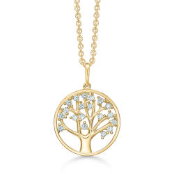 Guld Vedhæng 14 kt - Livets træ i cirkel med zirkonia inkl. kæde i forgyldt sølv - 76242044