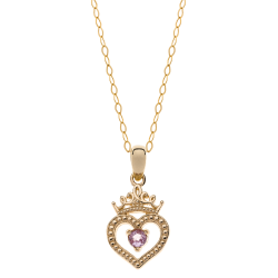 Disney 9 kt. guld vedhæng krone med hjerte og pink safir i midten incl. forgyldt kæde