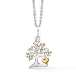 Vedhæng i sølv - Livets træ med blade af zirkonia og forgyldt sølv inkl. kæde i sølv