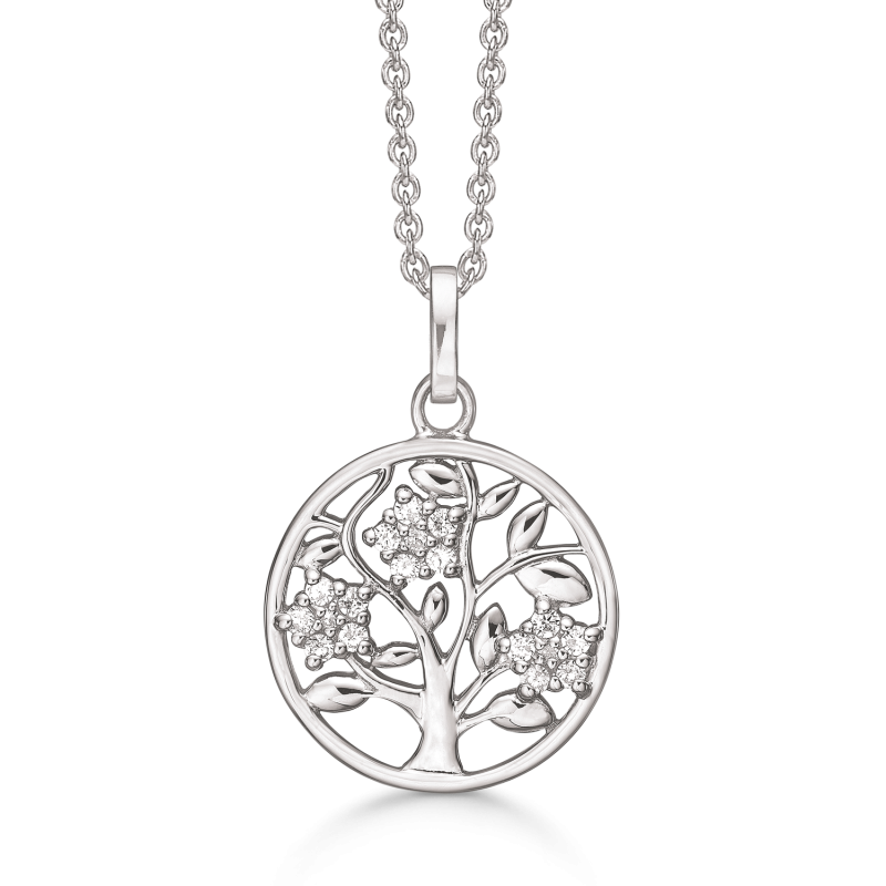 Vedhæng i sølv - Livets træ med zirkonia Ø18mm inkl. kæde i sølv