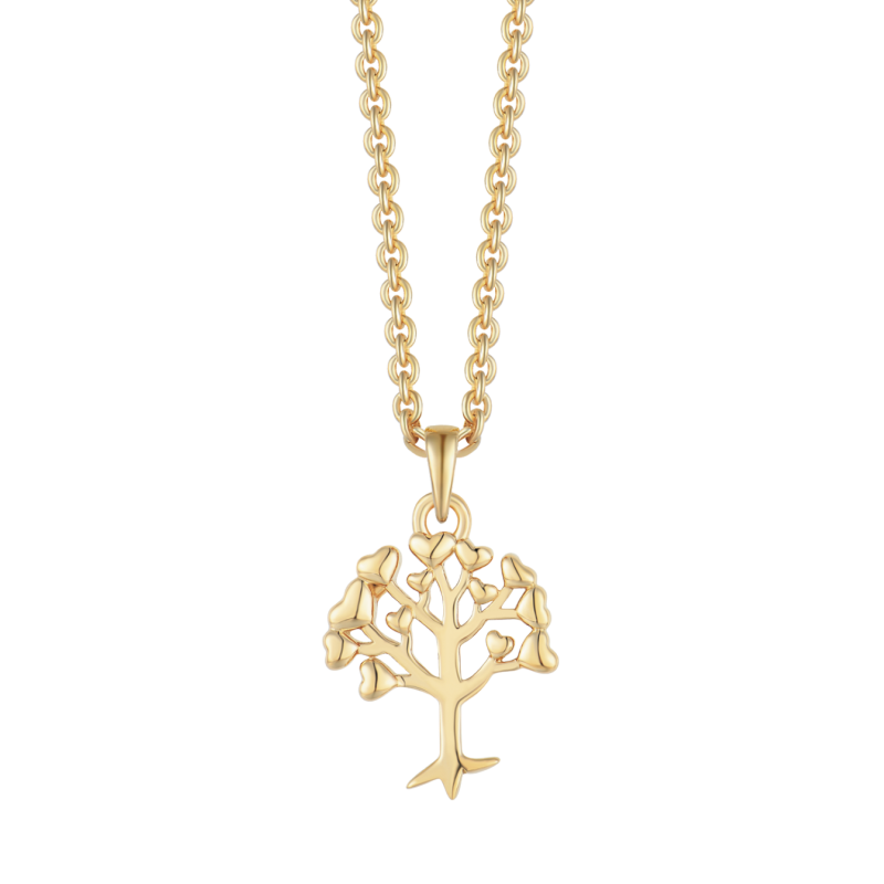 Vedhæng i forgyldt sølv - Livets træ med blade af hjerter inkl. kæde i  forgyldt sølv