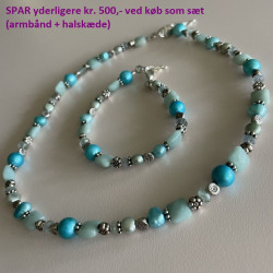 Armbånd med lys blå kvarts, turkis ferskvandsperler og sølvkugler1