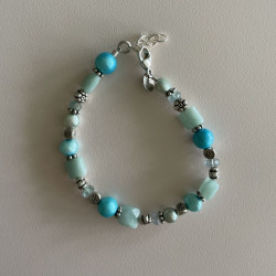 Armbånd med lys blå kvarts, turkis ferskvandsperler og sølvkugler2