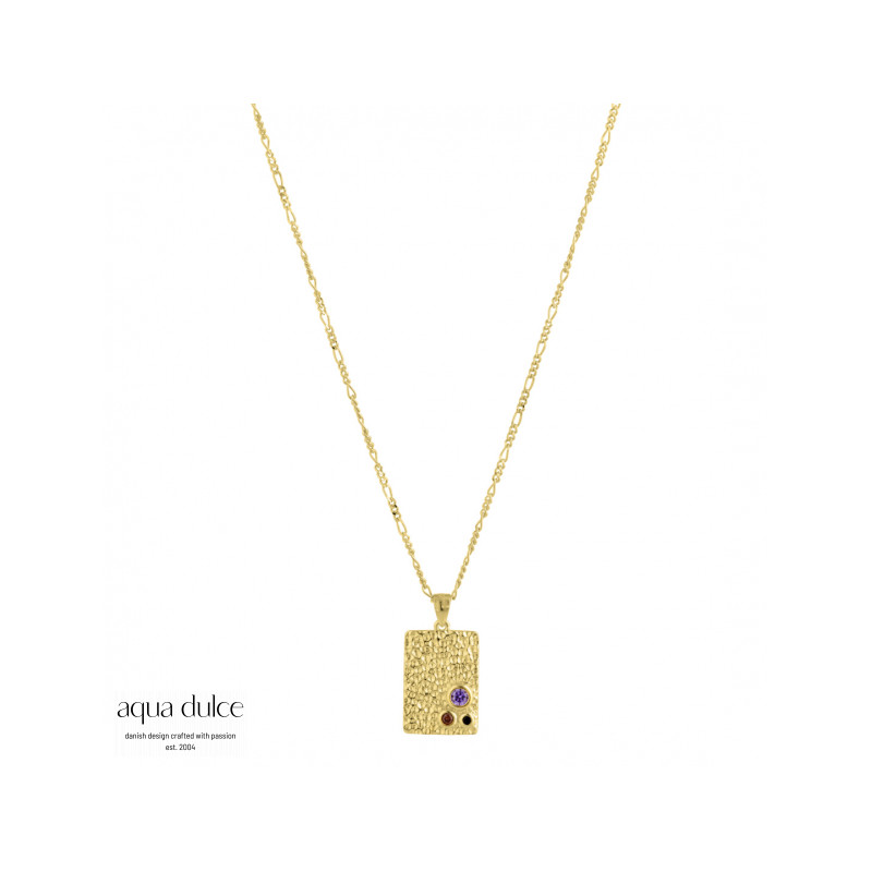 Halskæde med hamret vedhæng med llila, røgfarvet & sort zirkonia - Ruffle - 4355