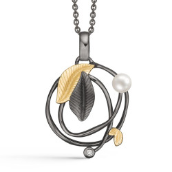 Halskæde i sølv snoet cirkel med blade og perle - SR16255997