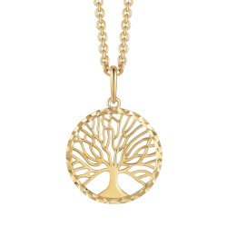 Guld Vedhæng - Livets træ i cirkel af takket kant inkl. kæde i forgyldt sølv - 66242758